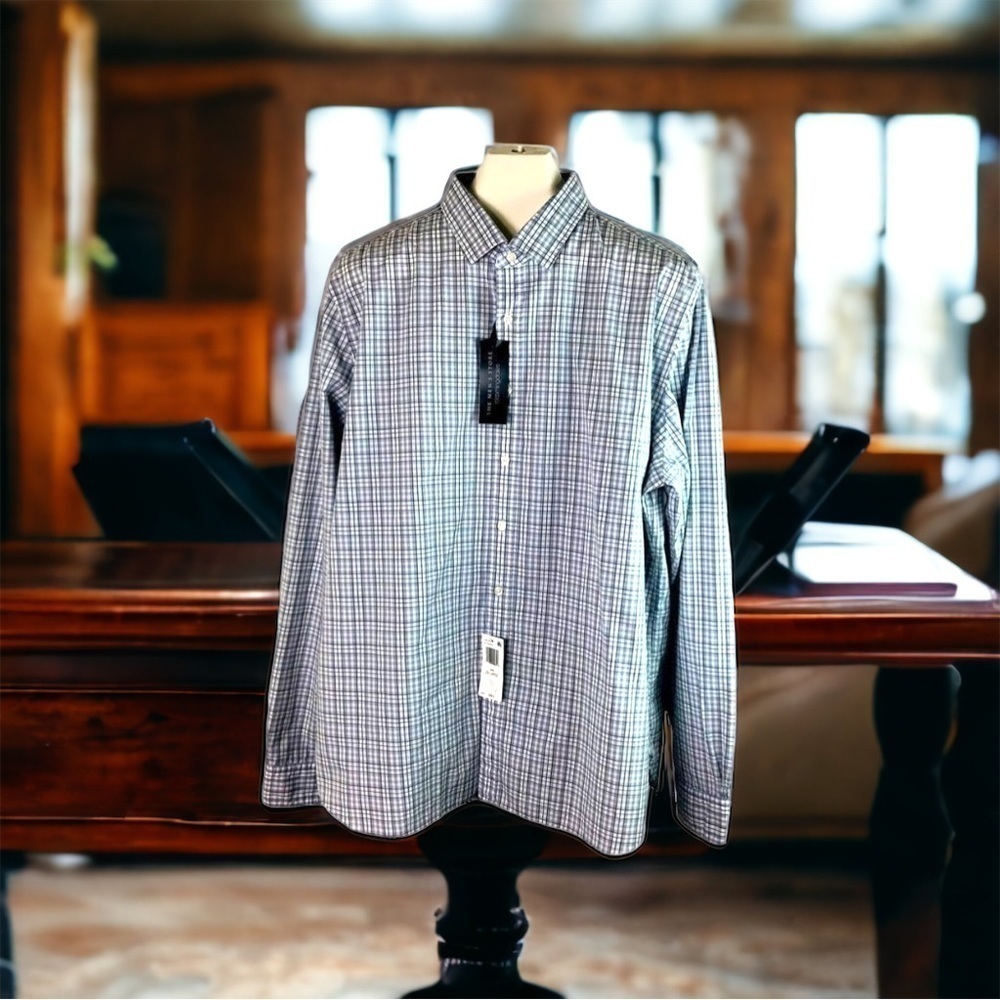 Bloomingdale's The Men's Store Grey Checked Button Up Shirt Cotton Stretch 2XL - Picture 8 of 8
